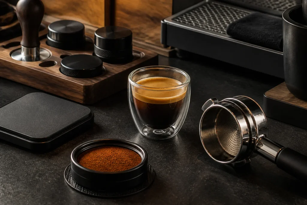 Espresso fincanı, portafiltre, kahve terazisi ve espresso hazırlama ekipmanı