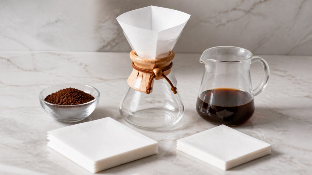 Chemex tipi cam demleyici ve farklı boyutlarda kare filtre kağıtları