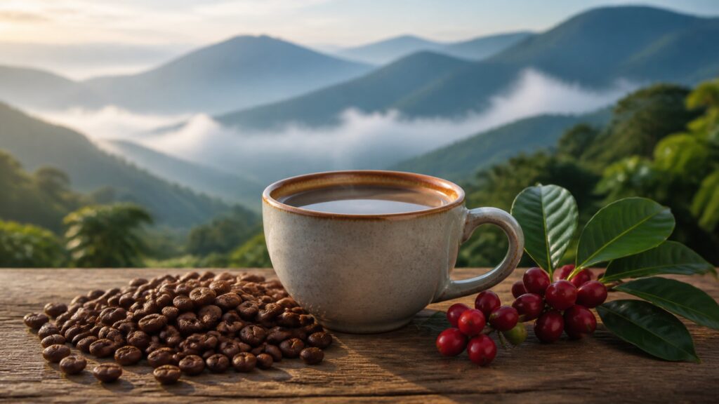 Misty Blue Mountain manzarasında kahve fincanı, çekirdekler ve olgun kahve kirazları