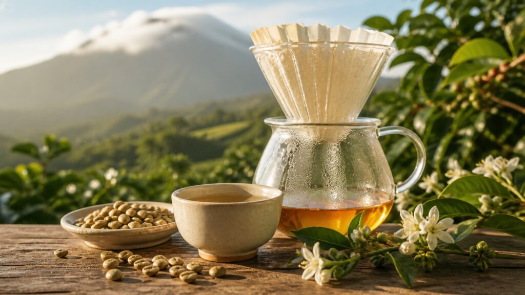 Panama Geisha kahvesi, pour-over ekipmanı ve kahve çiçekleri
