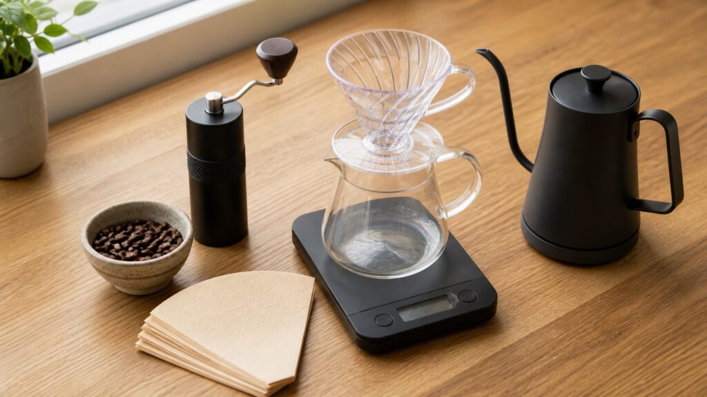 V60 dripper, server, kettle, değirmen, tartı ve filtrelerden oluşan demleme seti