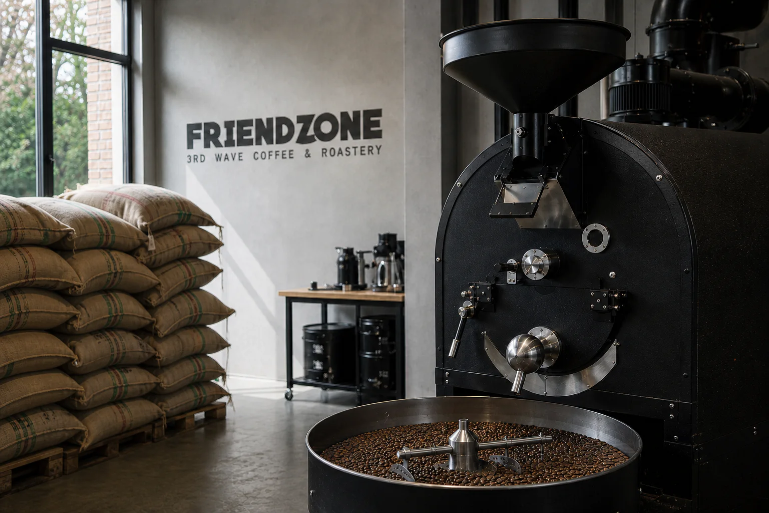 Coffee Friendzone kavurma alanında yeşil kahve çuvalları, kavurma makinesi ve soğutma tepsisindeki taze kavrulmuş çekirdekler
